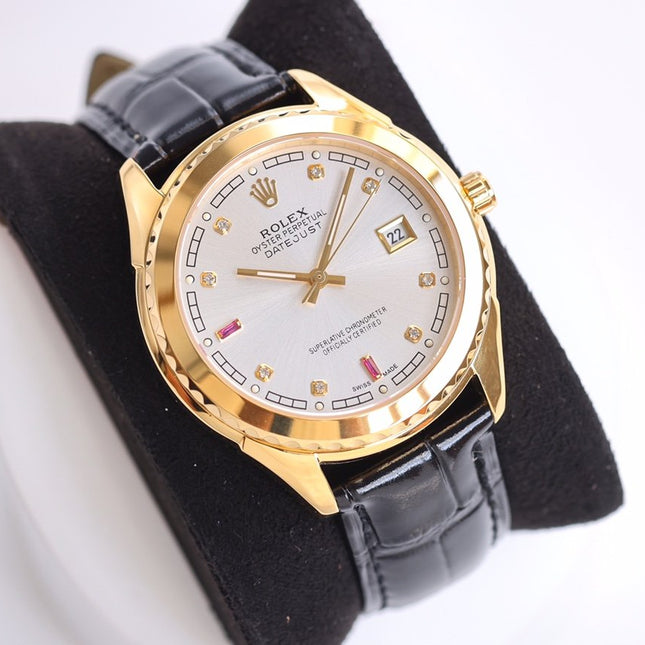 DATEJUST 40MM SMOOTH BEZEL GOLD CASE BLACK LEATHER