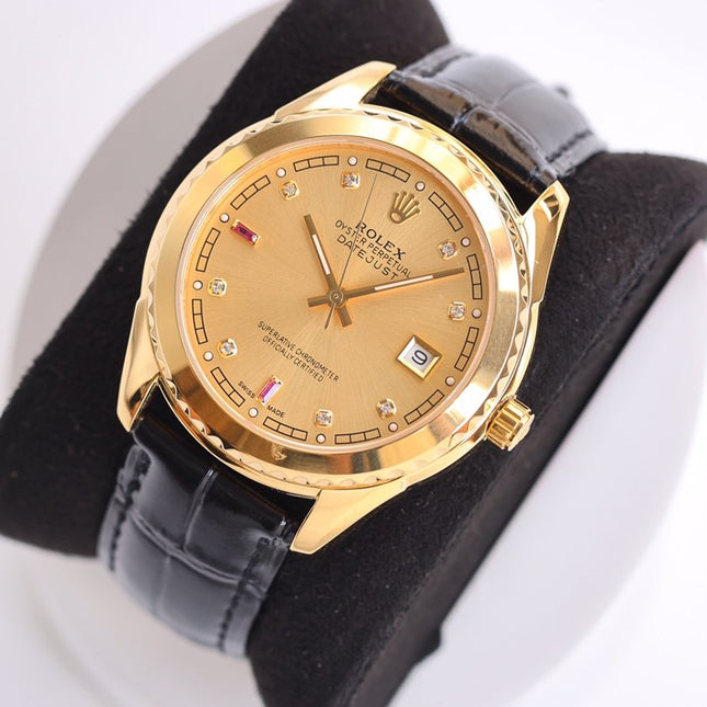 DATEJUST 40MM SMOOTH BEZEL GOLD CASE BLACK LEATHER