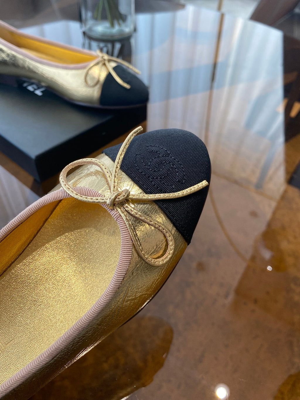 BALLET FLATS GOLD BLACK LAMBSKIN CANVAS