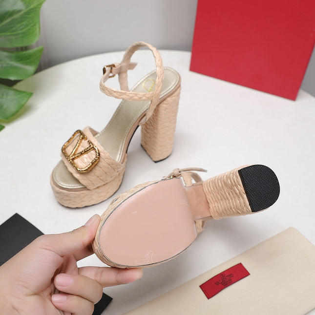 VLTN ESPADRILLE WEDGE SANDALS 25S 130 MM IN BEIGE RAFFIA WITH GOLD HARDWARE