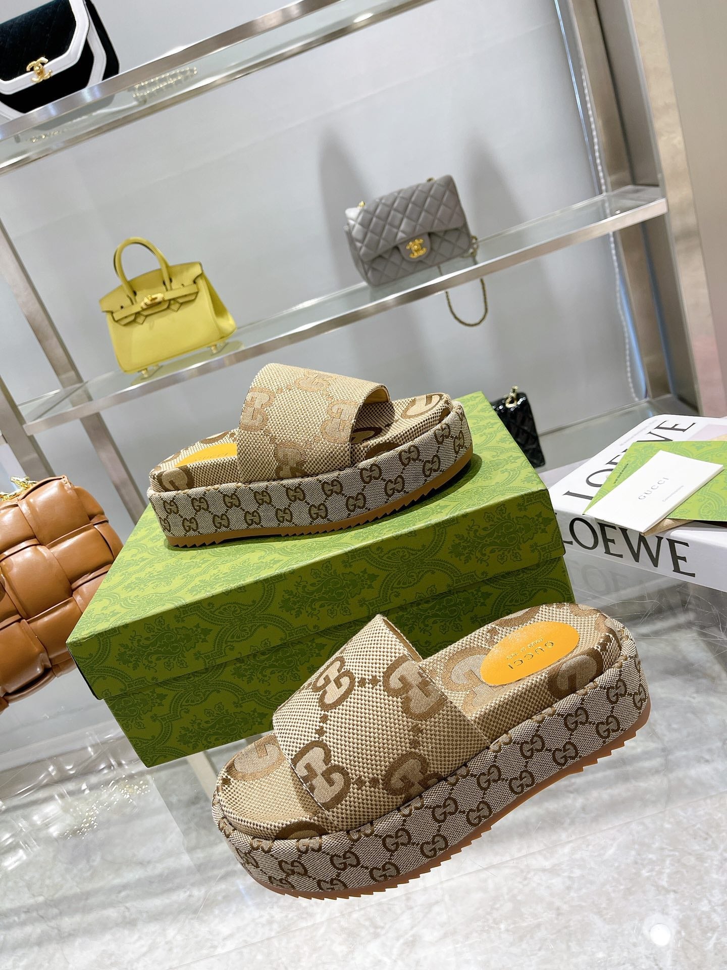 LV MONOGRAM THICK PLATFORM SANDALS IN BEIGE CANVAS