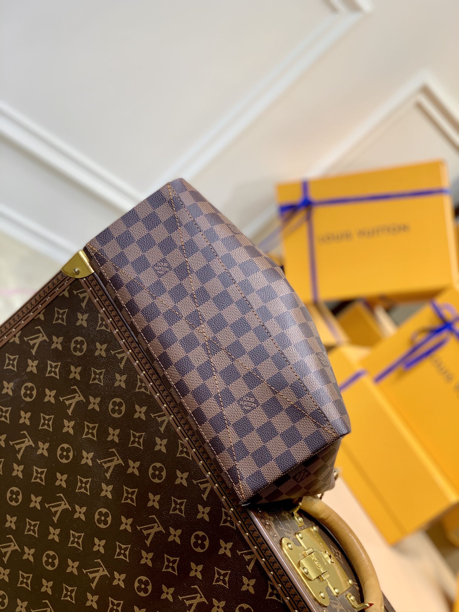 BOÉTIE PM TOTE 31.5 IN BROWN CHECKERED PATTERN MONOGRAM COATED CANVAS