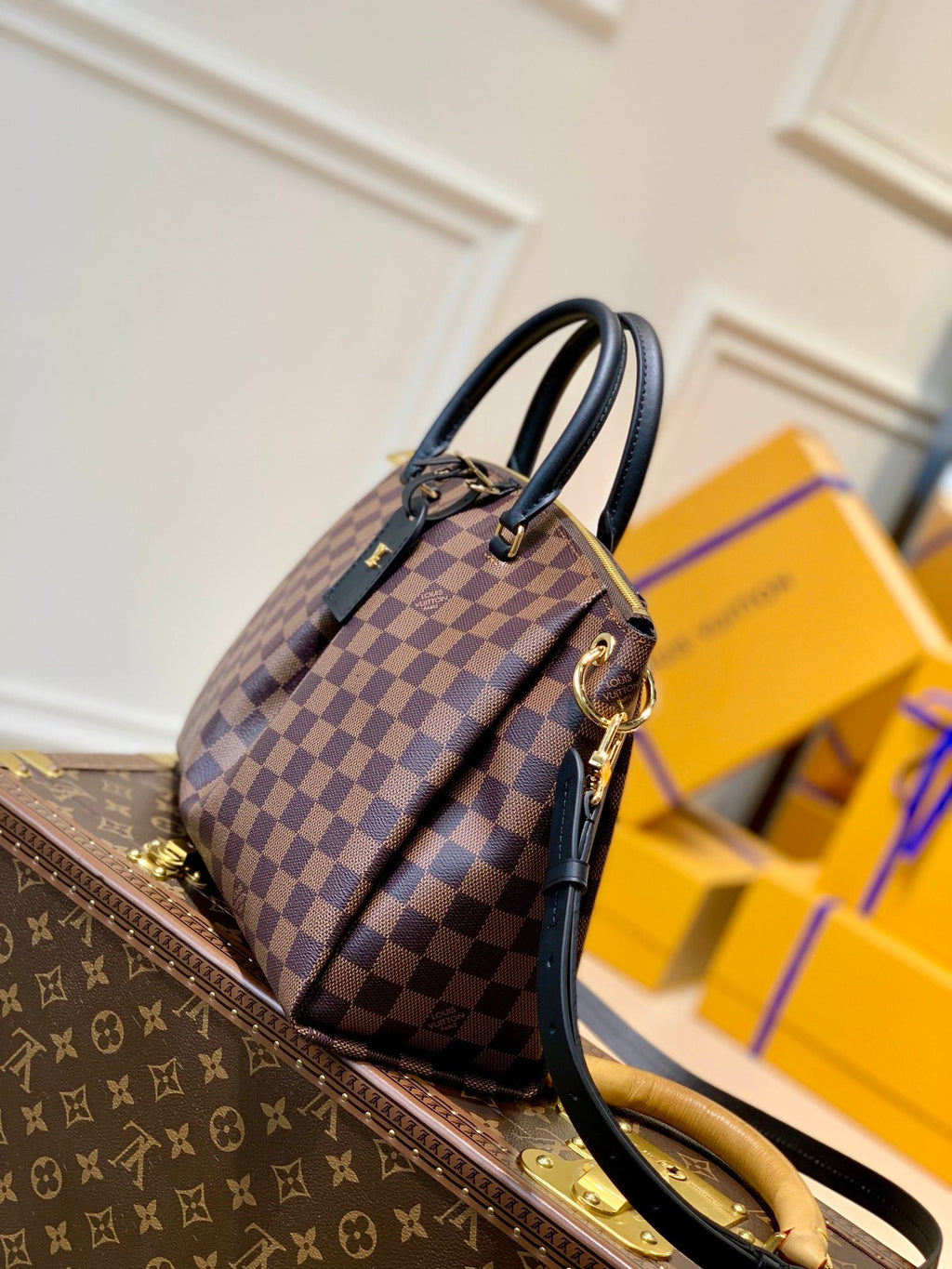BOÉTIE PM TOTE 31.5 IN BROWN CHECKERED PATTERN MONOGRAM COATED CANVAS