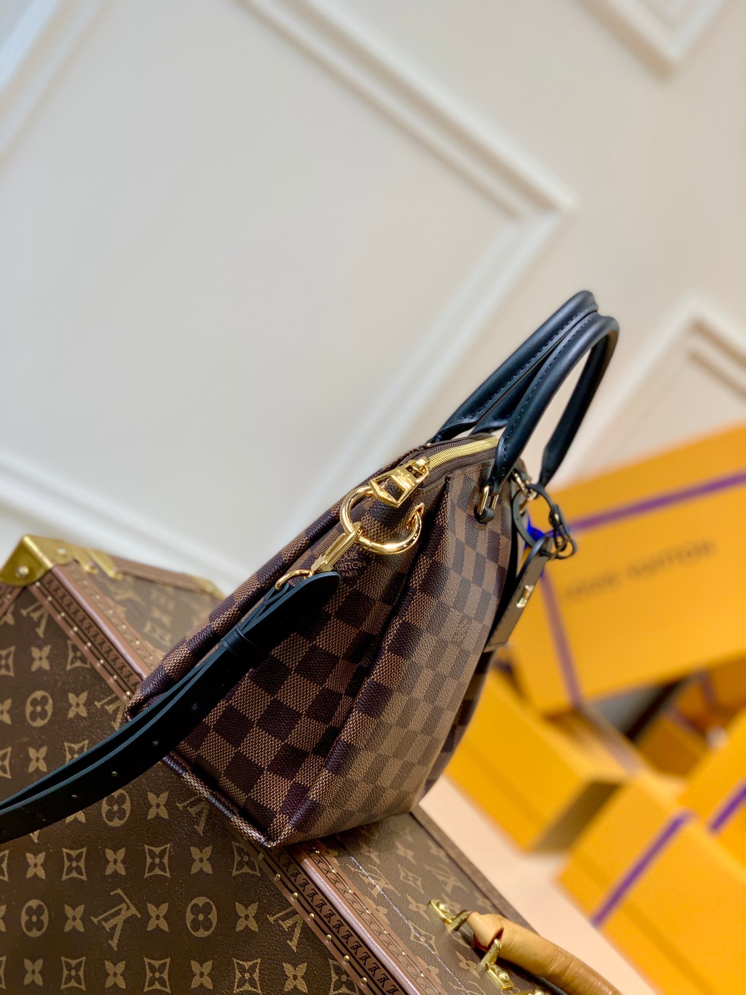 BOÉTIE PM TOTE 25 IN BROWN CHECKERED PATTERN MONOGRAM COATED CANVAS
