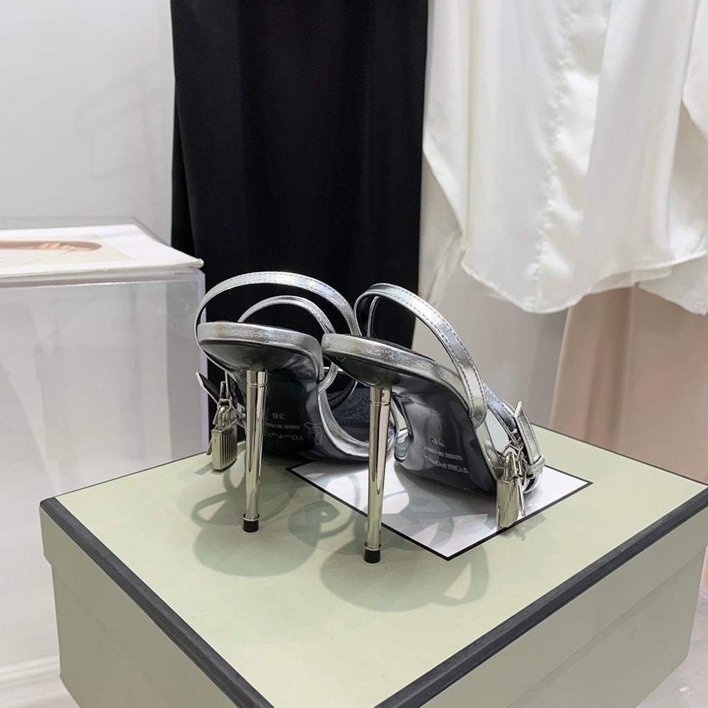 PADLOCK HIGH HEEL 10 CM SANDAL IN SILVER SHEEPSKIN