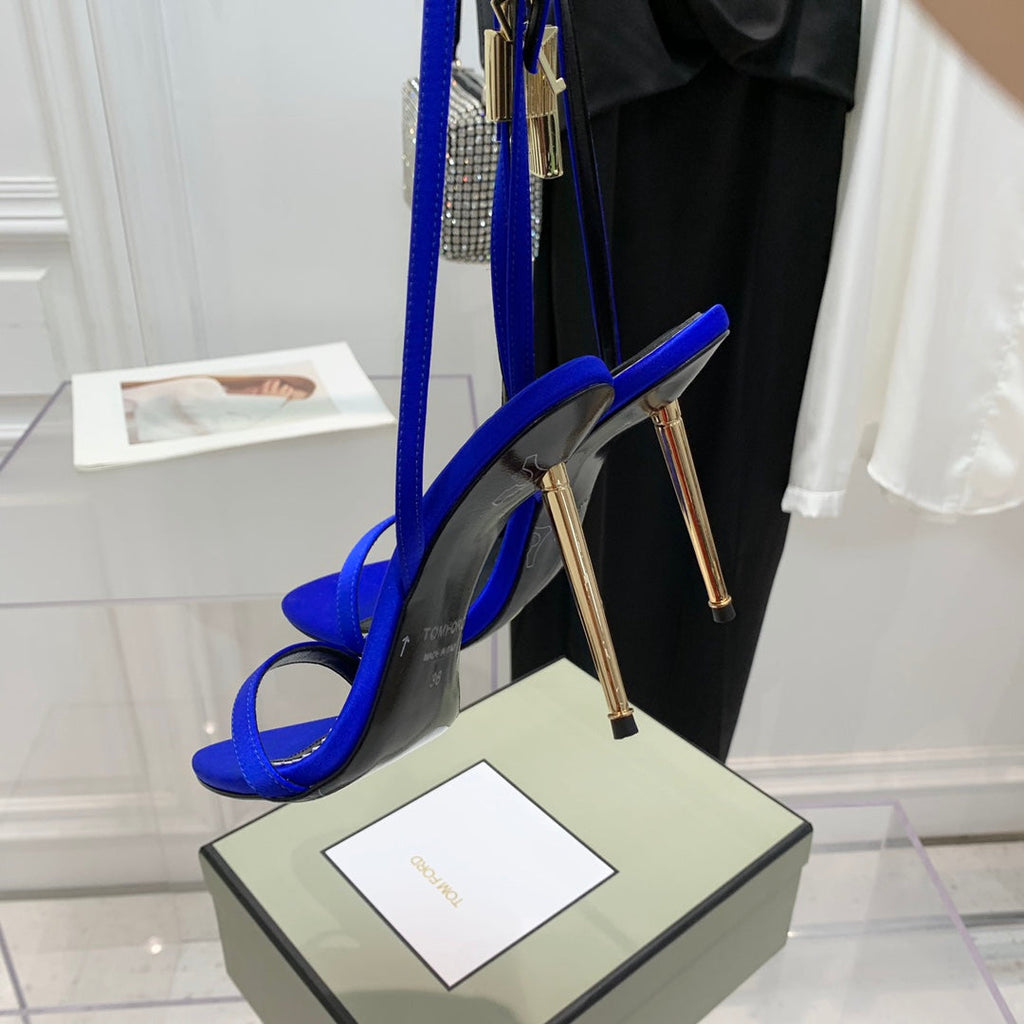 TOM FORD 26S GOLD BUCKLE HEELS 105 MM IN NAVY BLUE LAMBSKIN