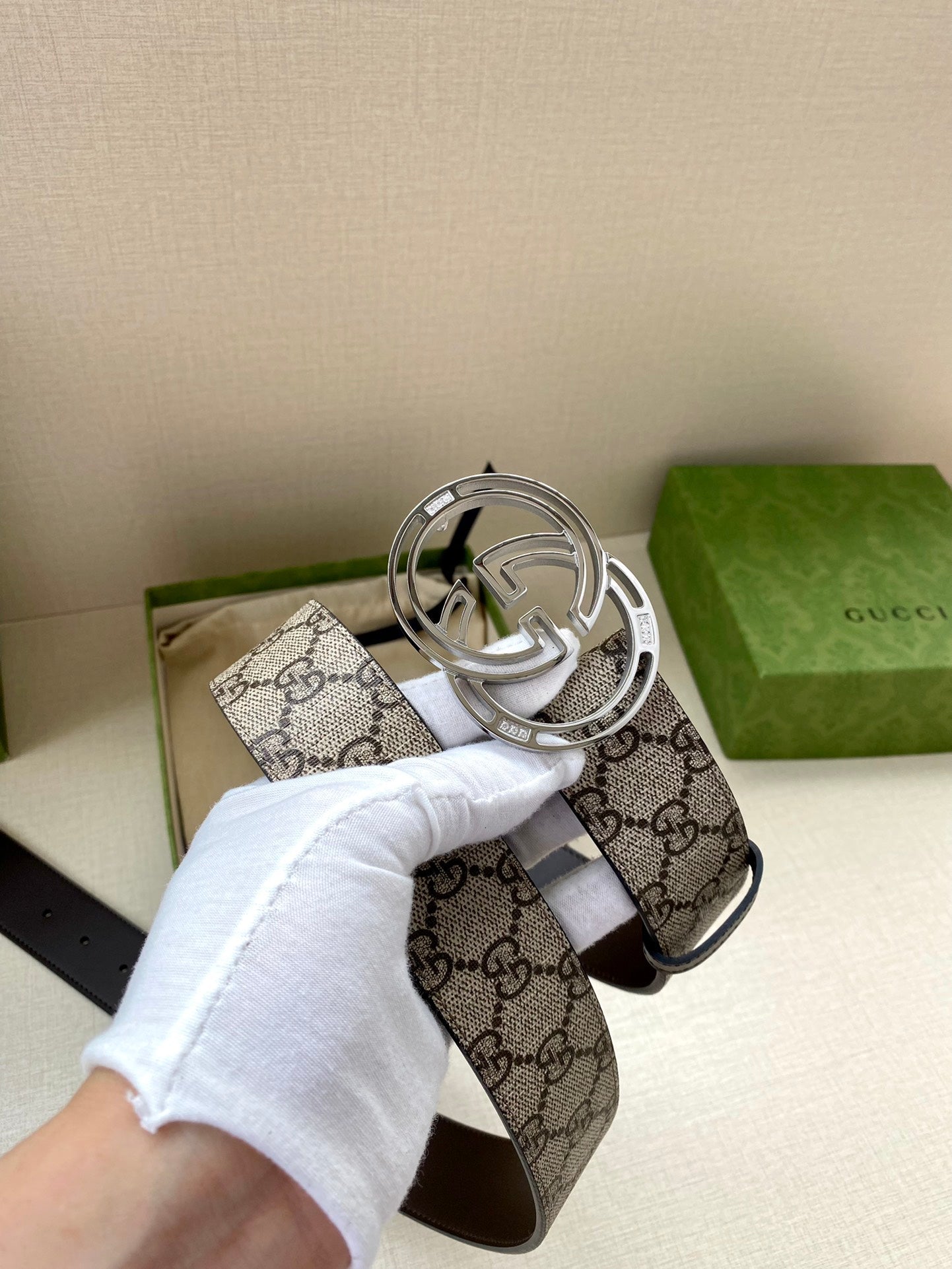 GG MARMONT MONOGRAM BELT 40MM SILVER HARDWARE