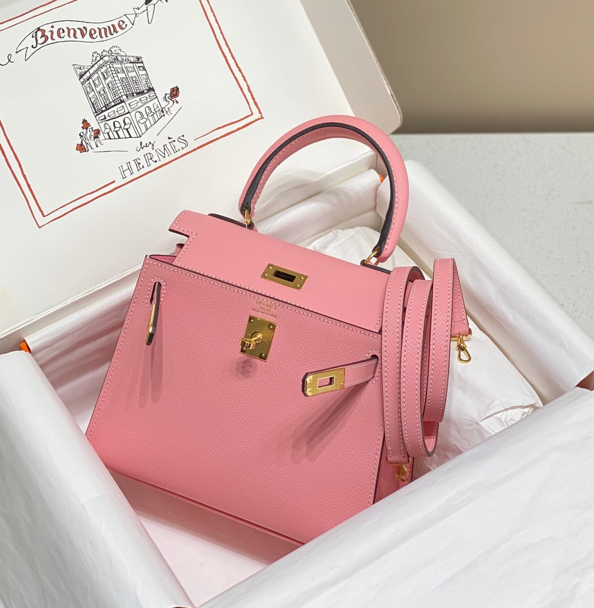 HM KELLY 20 BABY PINK EPSOM GOLD-TONE HARDWARE