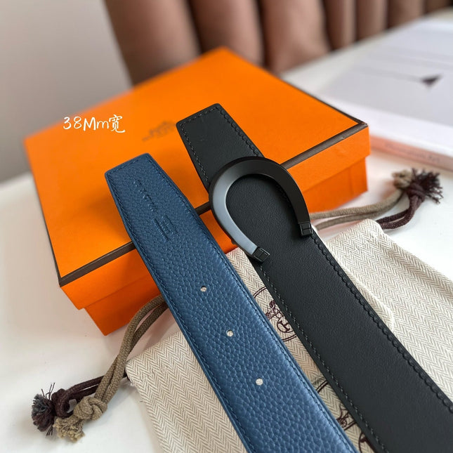 LUCK BELT BUCKLE & REVERSIBLE NAVY BLUE LEATHER STRAP 38MM BLACK HARDWARE