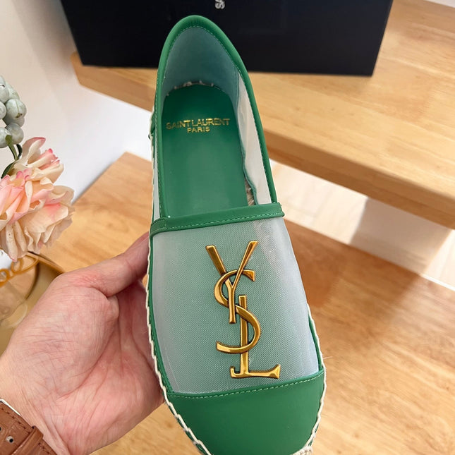 SL YVES LOGO SLIP ON DARK GREEN CALFSKIN AND MESH