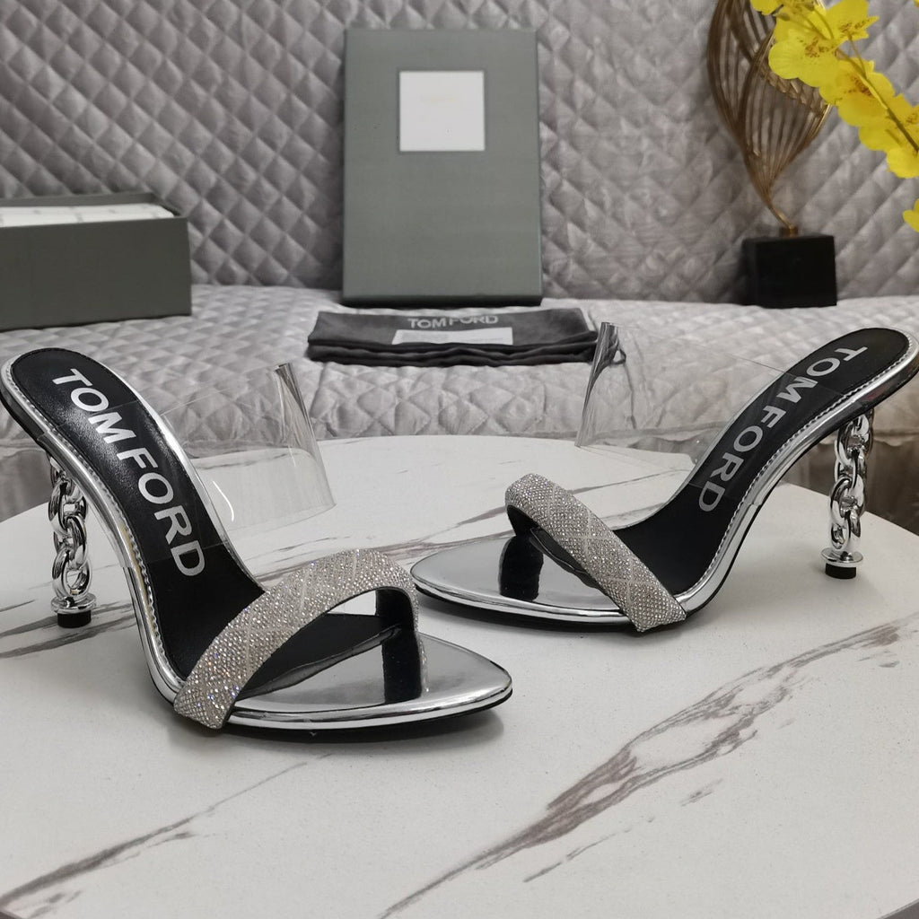 CRYSTAL HIGH HEEL MULE 10 CM IN SILVER LAMBSKIN