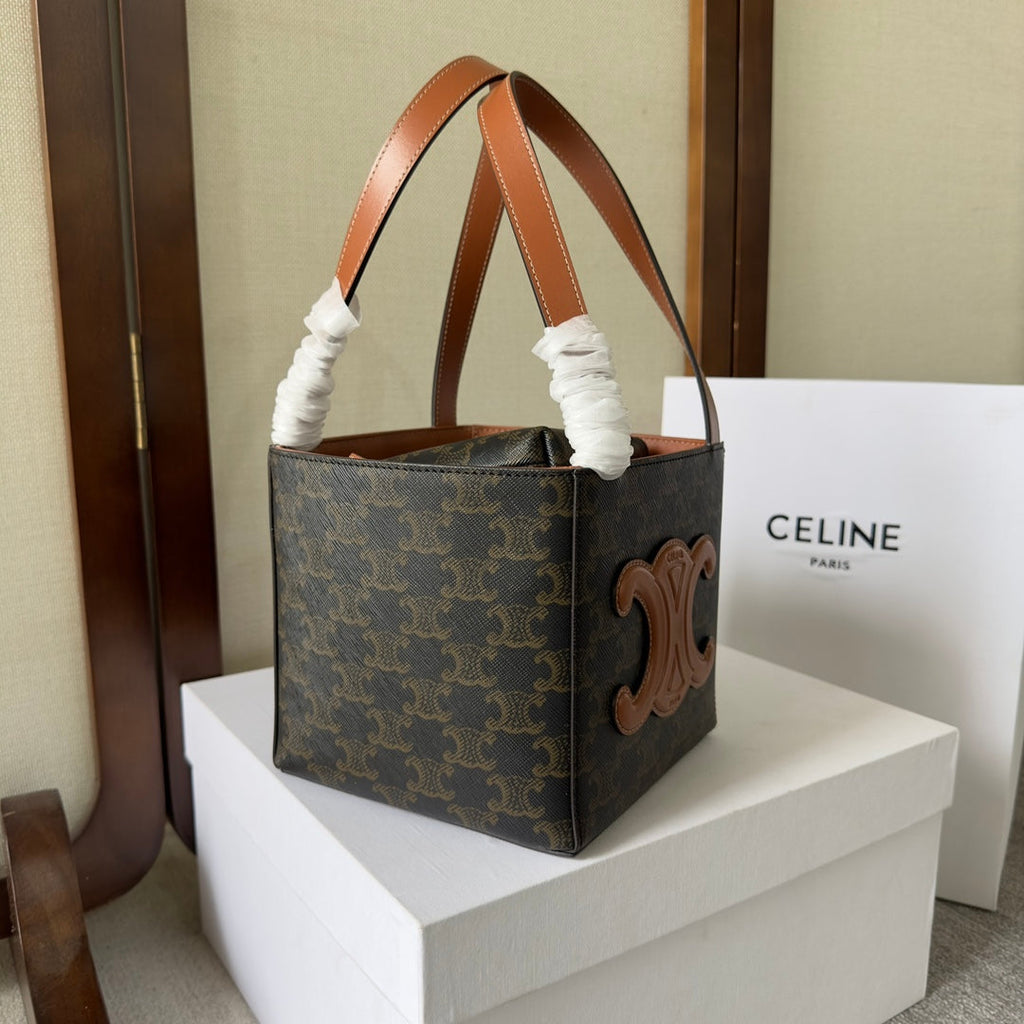 CUBE BAG 15 IN BLACK TRIOMPHE CANVAS AND BROWN CALFSKIN