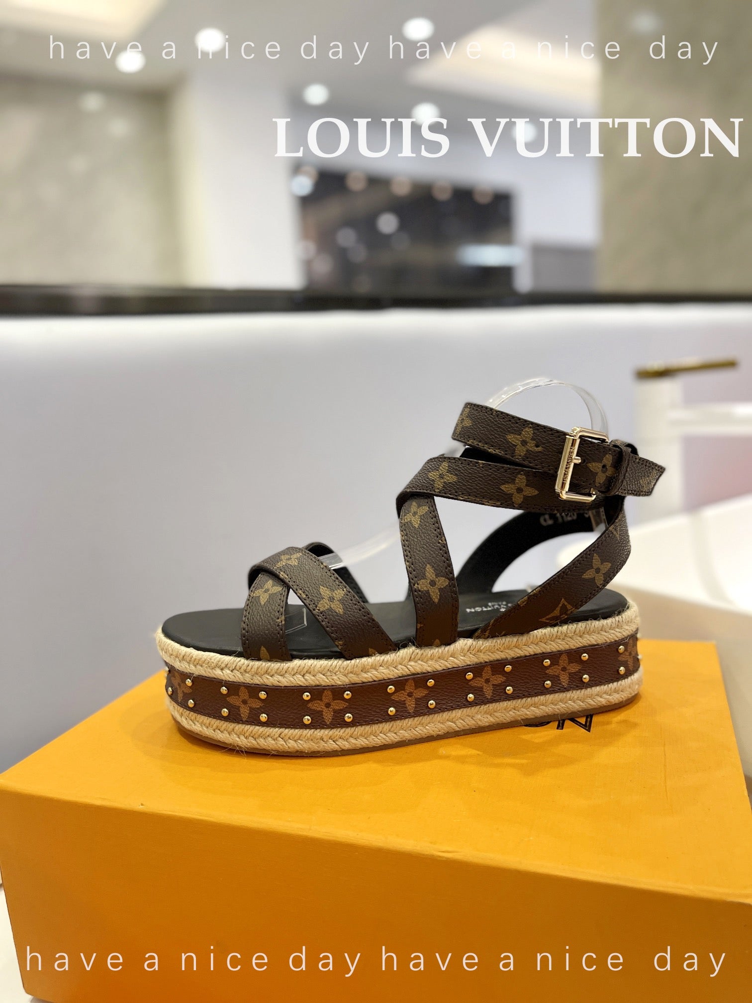 LV 26S STUDDED WEDGE SANDALS 70 MM IN DARK BROWN COATED CANVAS