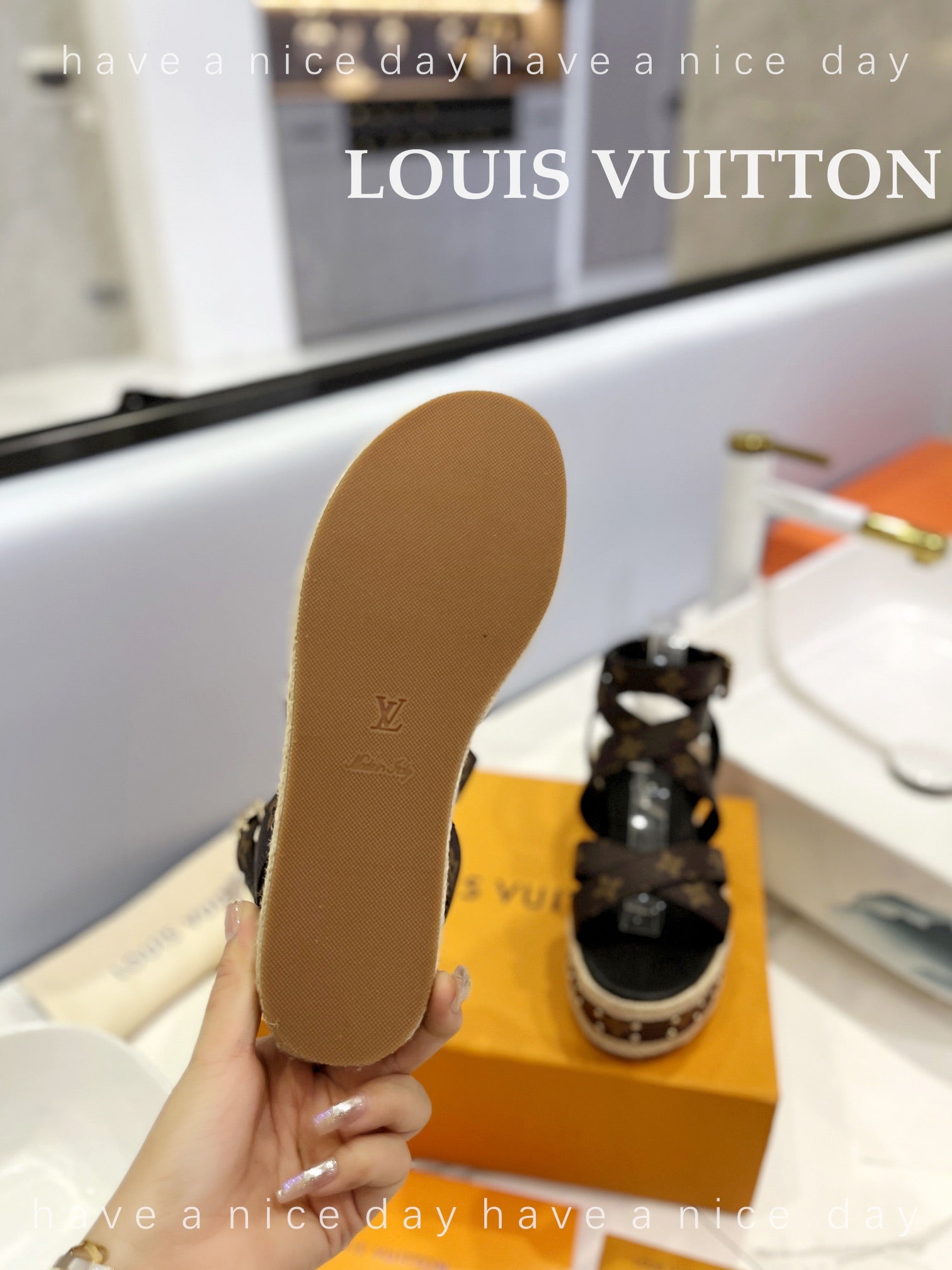 LV 26S STUDDED WEDGE SANDALS 70 MM IN DARK BROWN COATED CANVAS