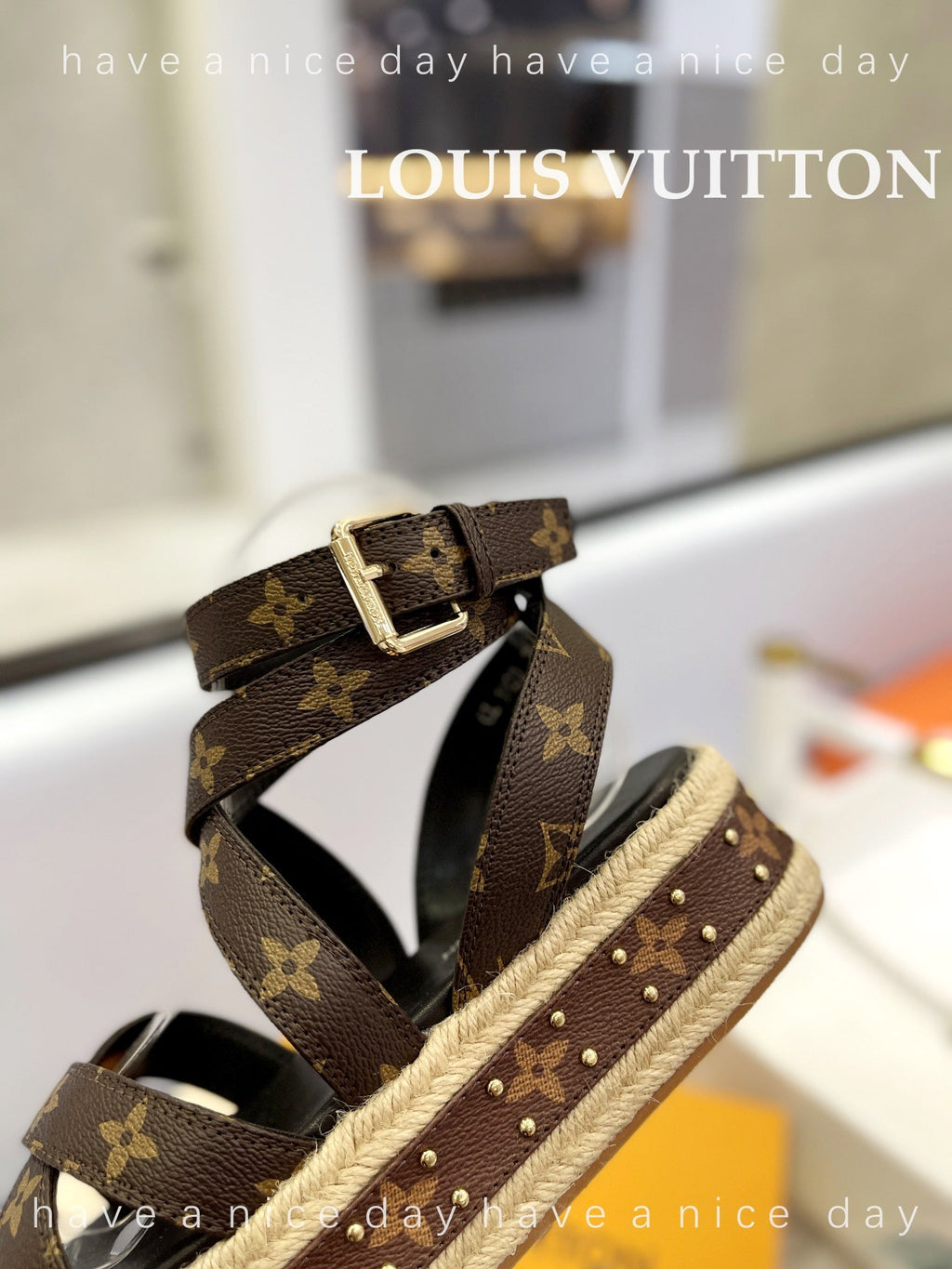 LV 26S STUDDED WEDGE SANDALS 70 MM IN DARK BROWN COATED CANVAS