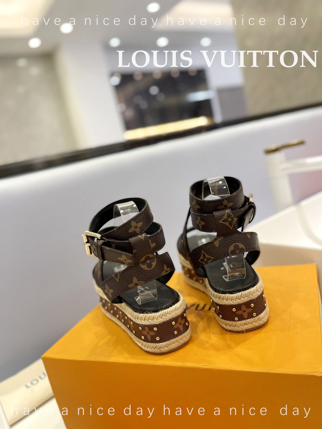 LV 26S STUDDED WEDGE SANDALS 70 MM IN DARK BROWN COATED CANVAS