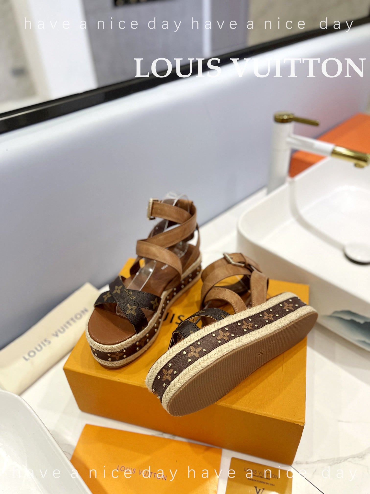 LV 26S STUDDED WEDGE SANDALS 70 MM IN BROWN COATED CANVAS AND LAMBSKIN