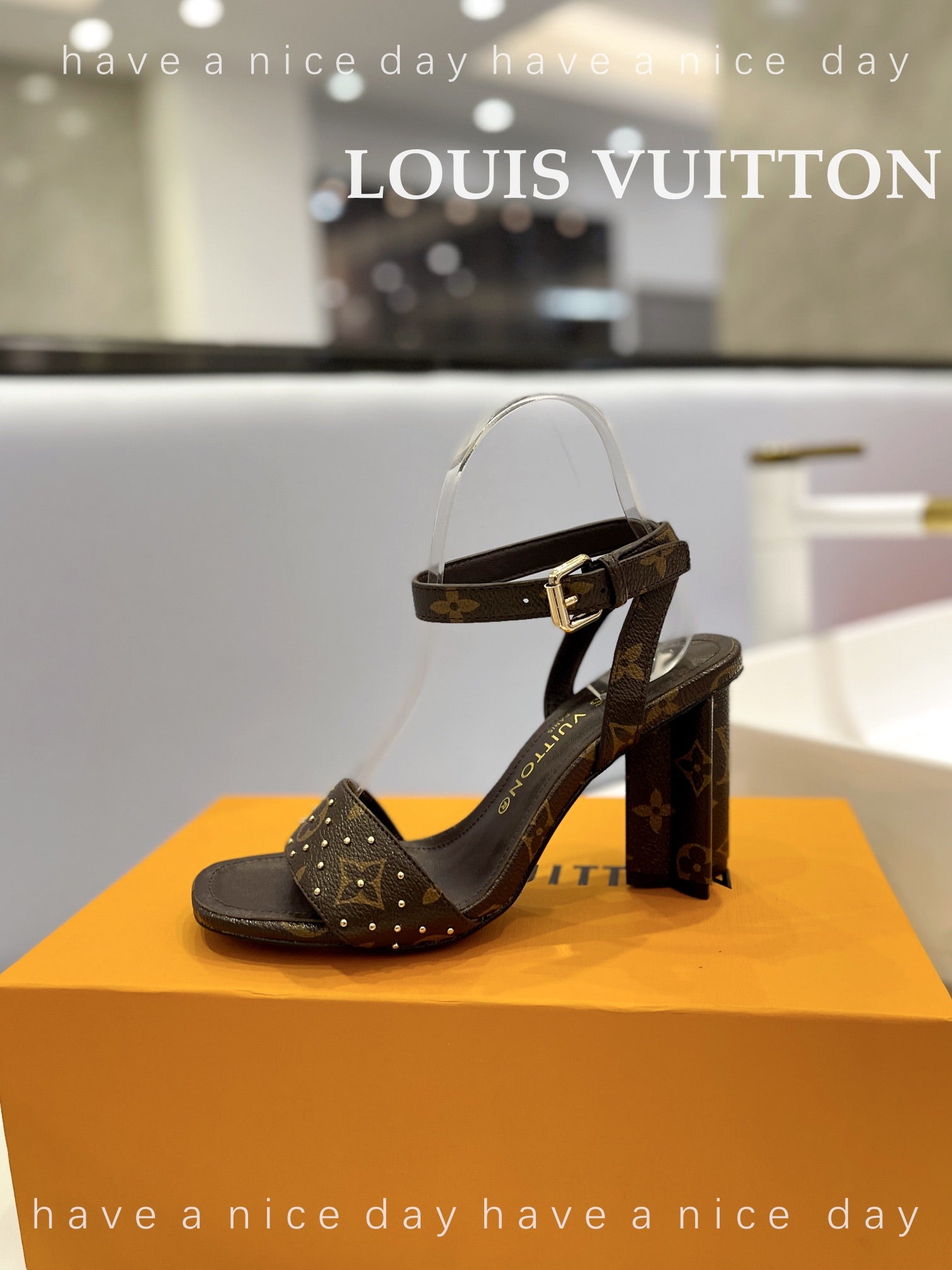 LV 26S HIGH HEEL SANDALS 80 MM IN DARK BROWN MONOGRAM CANVAS WITH STUDS