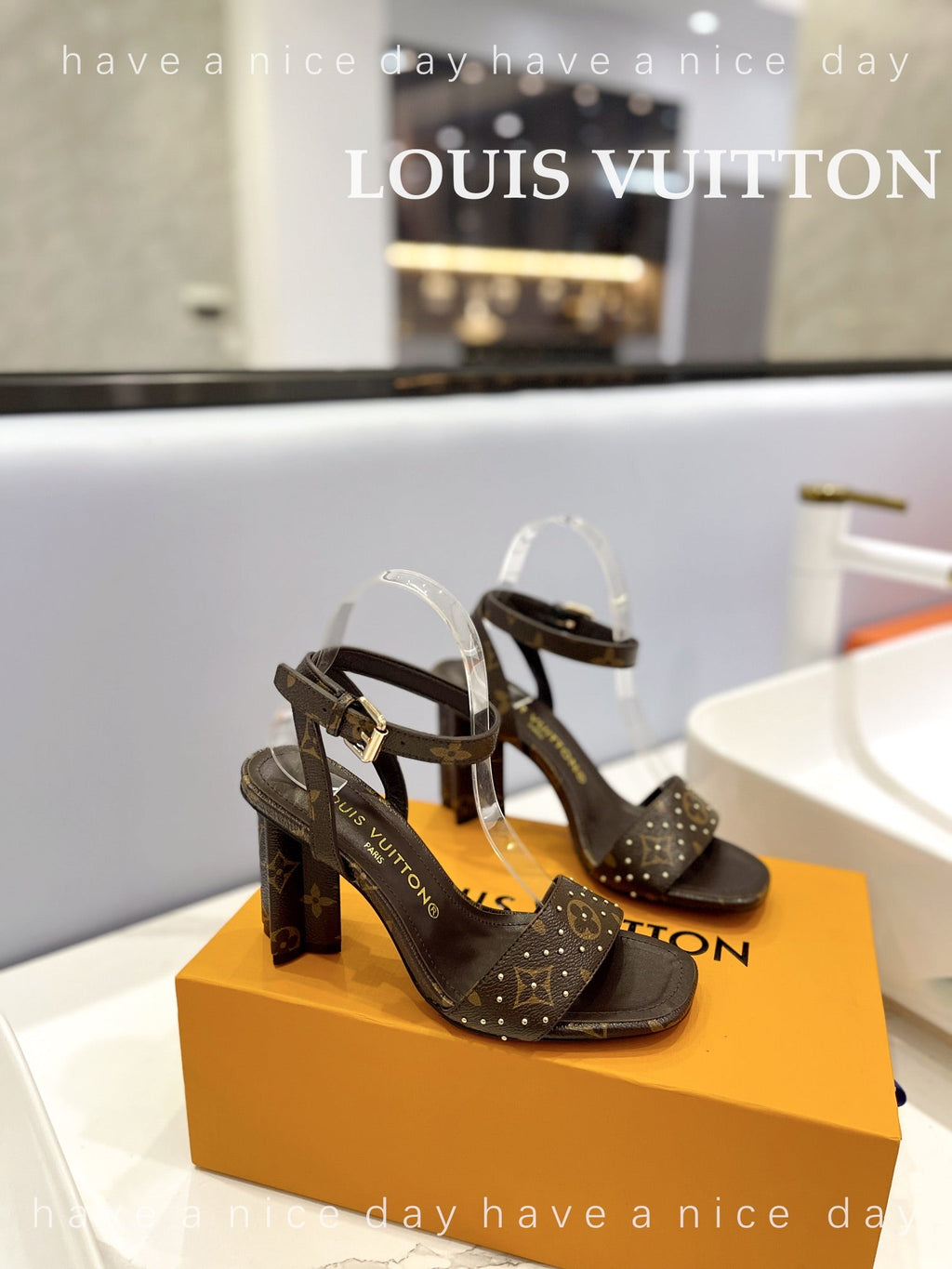 LV 26S HIGH HEEL SANDALS 80 MM IN DARK BROWN MONOGRAM CANVAS WITH STUDS