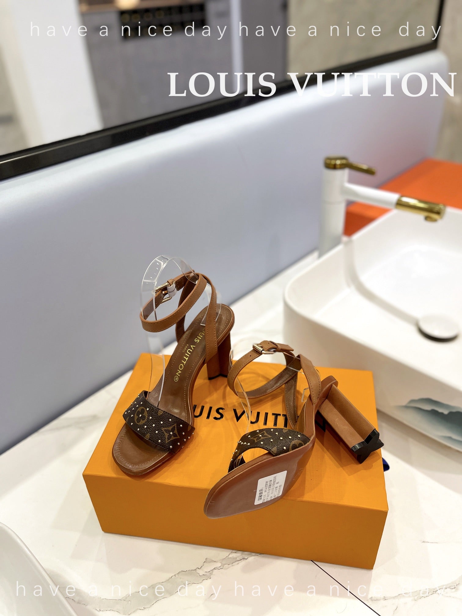 LV 26S HIGH HEEL SANDALS 80 MM IN BROWN MONOGRAM CANVAS WITH STUDS