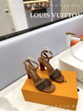 LV 26S HIGH HEEL SANDALS 80 MM IN BROWN MONOGRAM CANVAS WITH STUDS