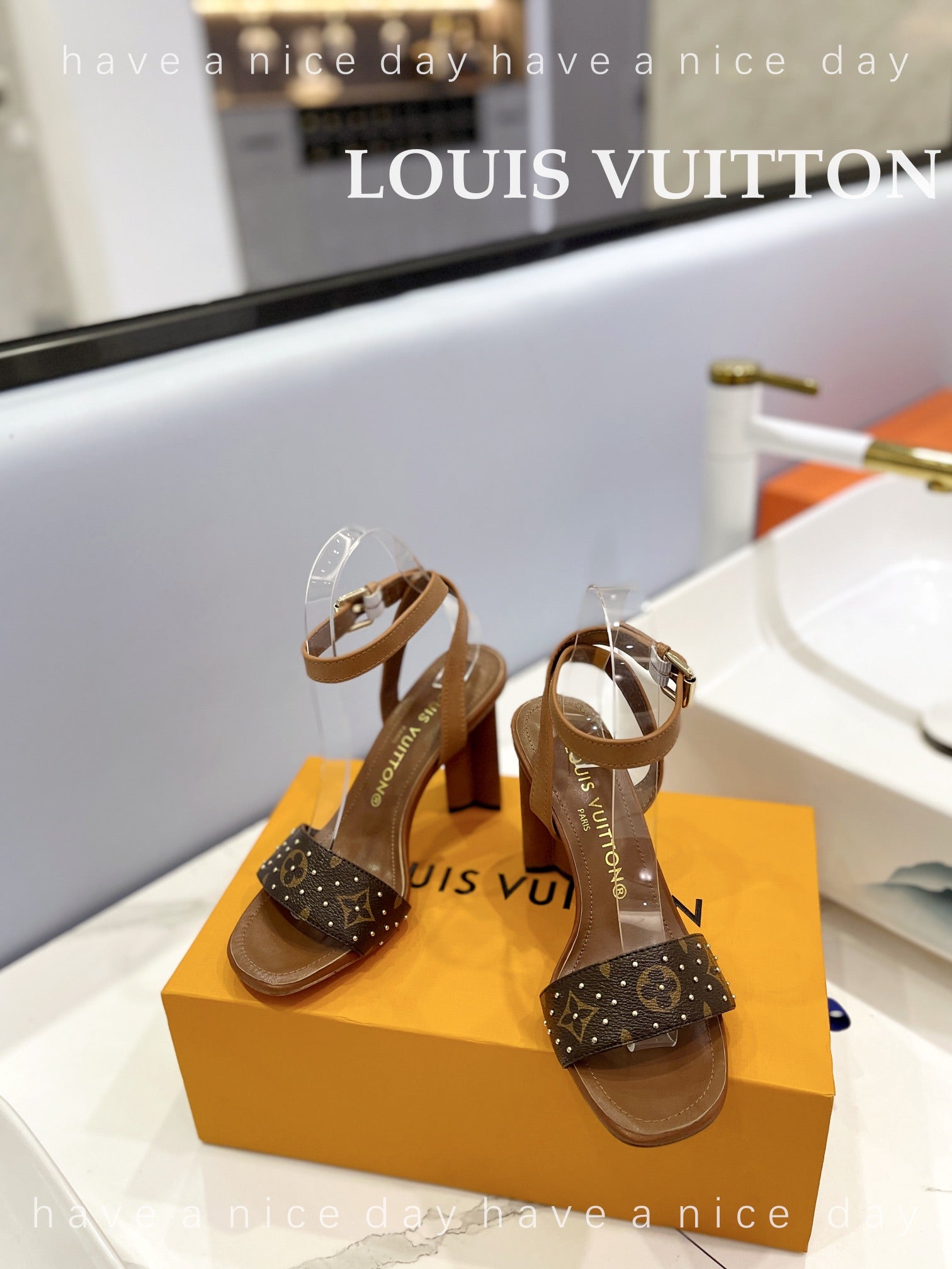 LV 26S HIGH HEEL SANDALS 80 MM IN BROWN MONOGRAM CANVAS WITH STUDS