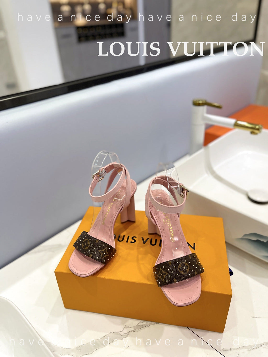 LV 26S HIGH HEEL SANDALS 80 MM IN LIGHT PINK AND DARK BROWN MONOGRAM CANVAS WITH STUDS