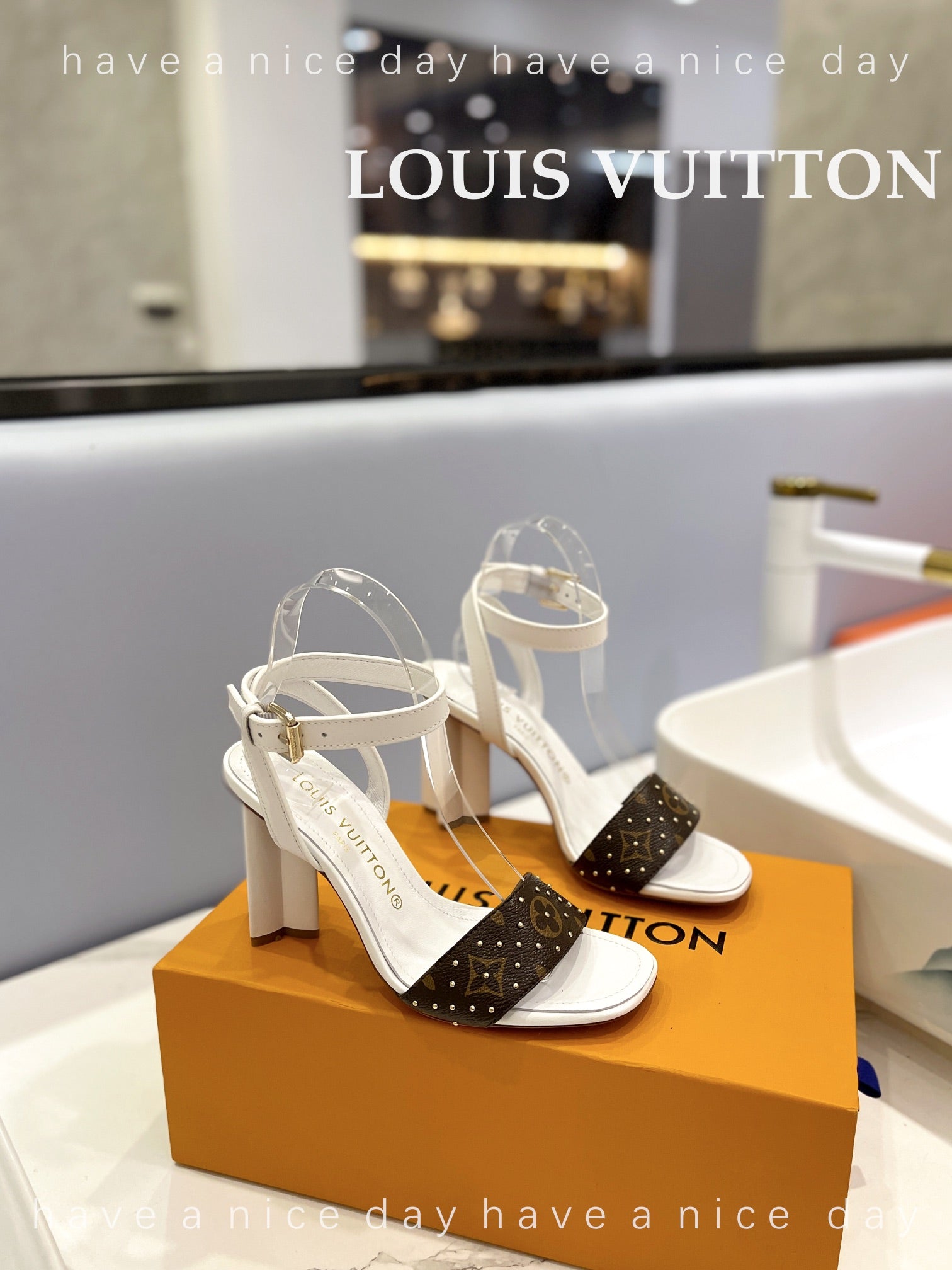 LV 26S HIGH HEEL SANDALS 80 MM IN WHITE AND DARK BROWN MONOGRAM CANVAS WITH STUDS