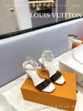 LV 26S HIGH HEEL SANDALS 80 MM IN WHITE AND DARK BROWN MONOGRAM CANVAS WITH STUDS