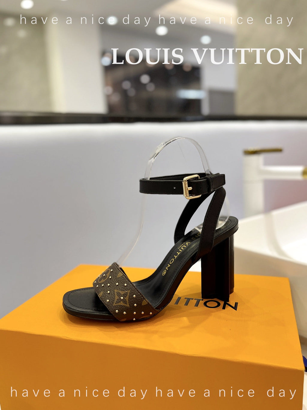 LV 26S HIGH HEEL SANDALS 80 MM IN BLACK AND DARK BROWN MONOGRAM CANVAS WITH STUDS