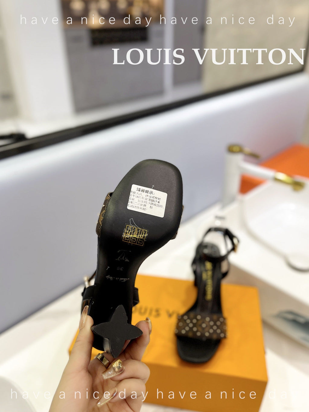 LV 26S HIGH HEEL SANDALS 80 MM IN BLACK AND DARK BROWN MONOGRAM CANVAS WITH STUDS