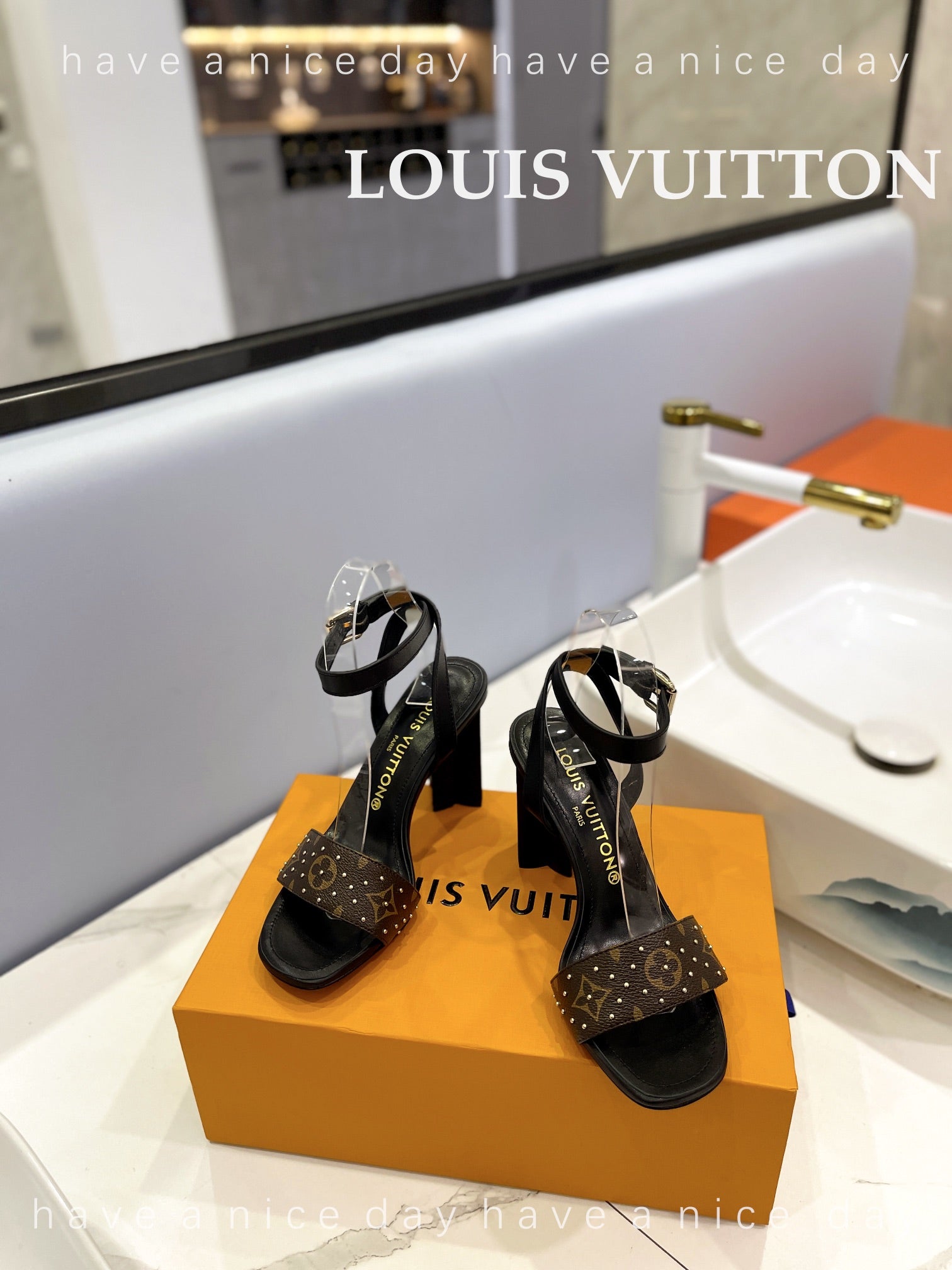 LV 26S HIGH HEEL SANDALS 80 MM IN BLACK AND DARK BROWN MONOGRAM CANVAS WITH STUDS