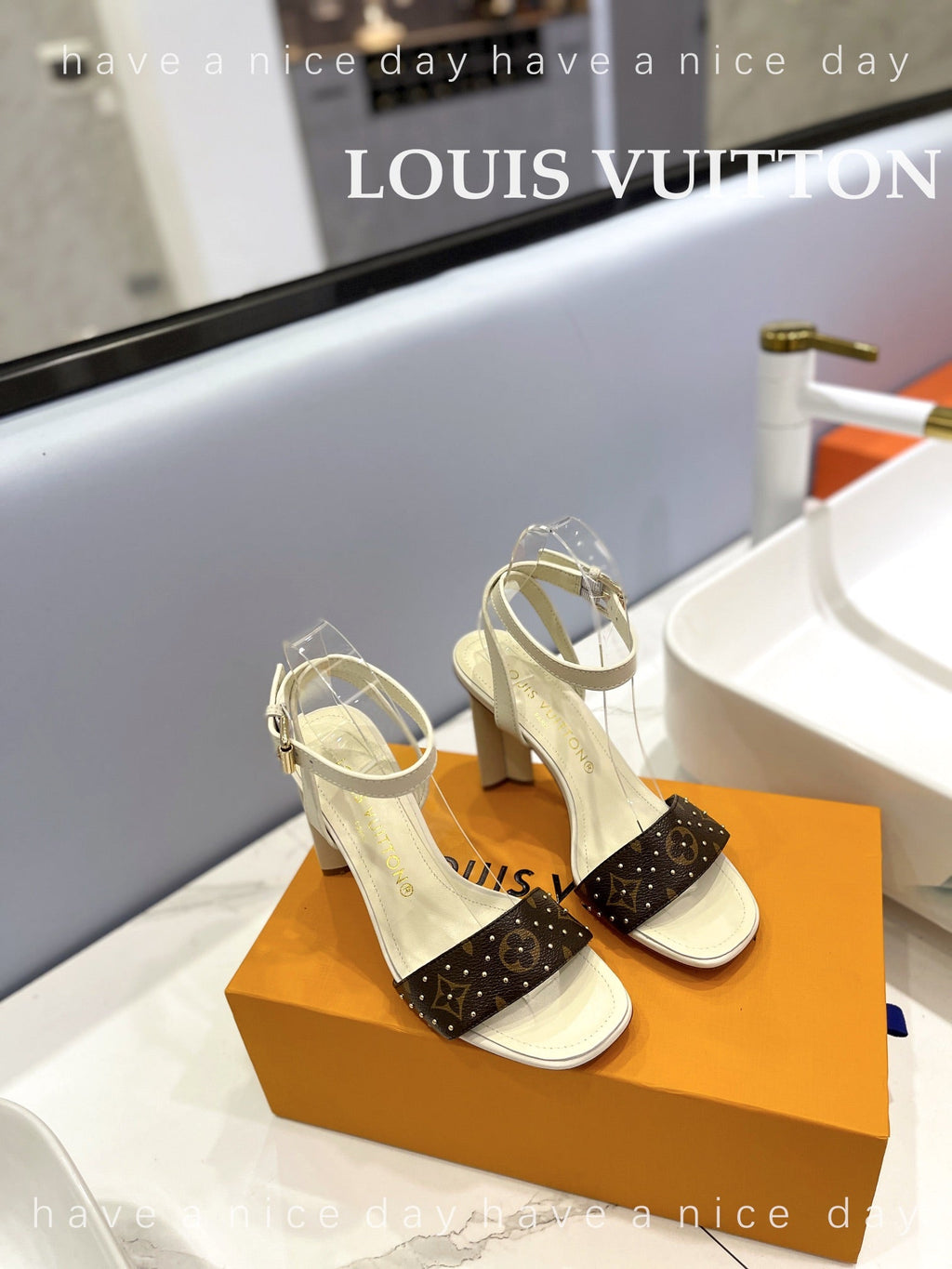 LV 26S HIGH HEEL SANDALS 80 MM IN BEIGE AND DARK BROWN MONOGRAM CANVAS WITH STUDS
