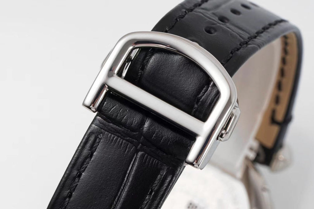 PASHA DE CARTIER WATCH SILVER CASE WITH BLACK LEATHER STRAP
