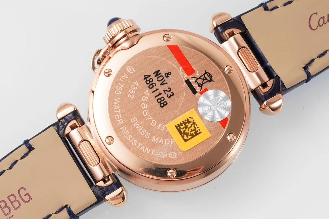 PASHA DE CARTIER WATCH ROSE GOLD CASE WITH CRYSTALS AND BLACK LEATHER STRAP