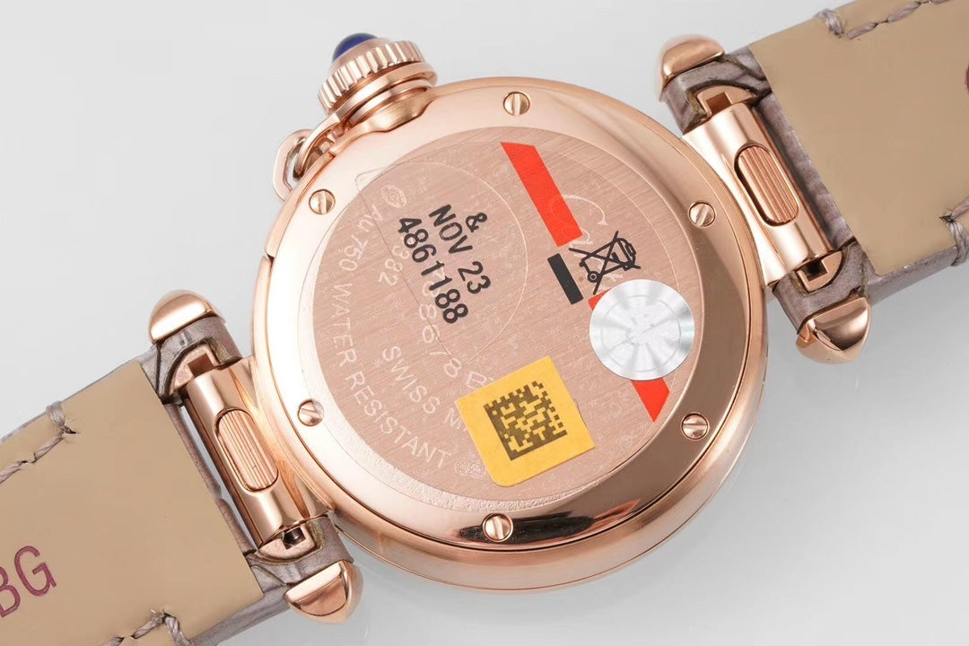 PASHA DE CARTIER WATCH ROSE GOLD CASE WITH CRYSTALS AND ROSE BROWN LEATHER STRAP