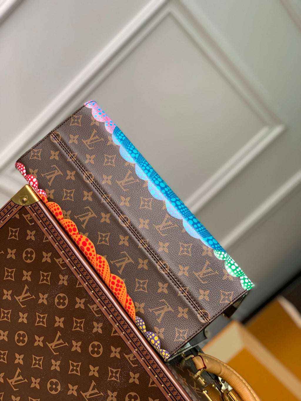 LV x YK ONTHEGO 35 IN BROWN MONOGRAM COATED CANVAS AND CALFSKIN PUMPKIN PATTERN