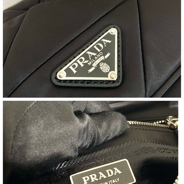 MEDIUM FLAP BAG 24 IN BLACK TRIANGULAR QUILTED PATTERN RE-NYLON