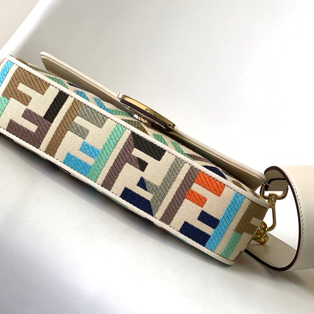 Fend Baguette White and Multicolour Canvas Bag 27 with FF Embroidery Ghw