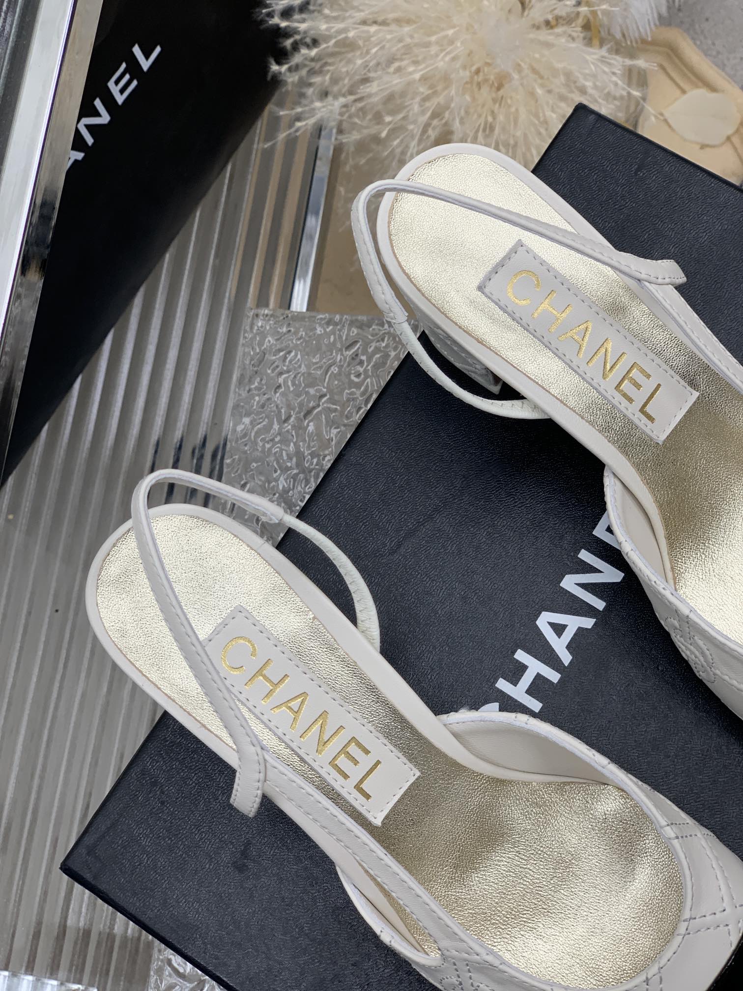 HIGH SLINGBACKS 65 WHITE MIX BLACK CALFSKIN