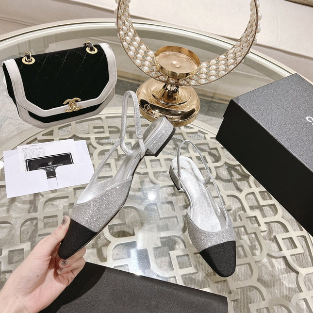 slingback 2.5 glitter silver black grosgrain