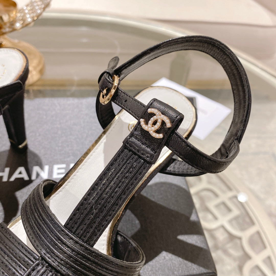 Double C  Heeled Sandals Black Lambskin