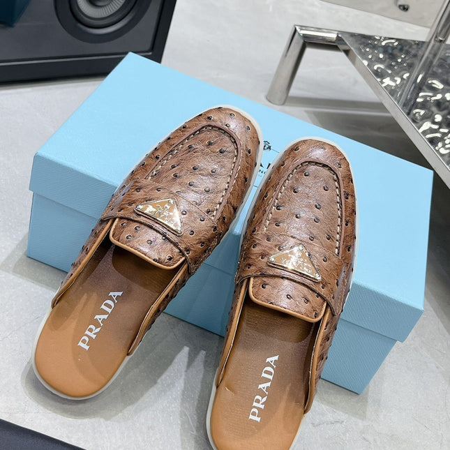 PRA OSTRICH PATTERN MULES CARAMEL CALFSKIN