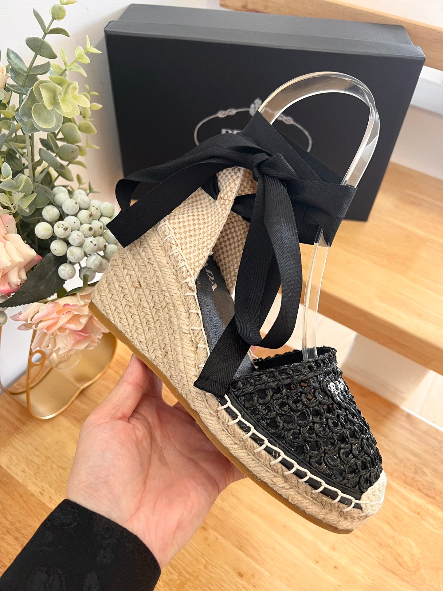 PRADA 26S ESPADRILLE HIGH HEEL SANDALS IN BLACK RAFFIA