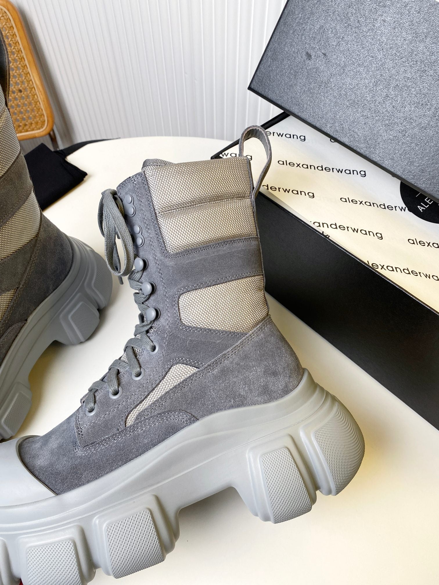 STORM COMBAT BOOTS 80MM IN GREY SUEDE AND RUBBER