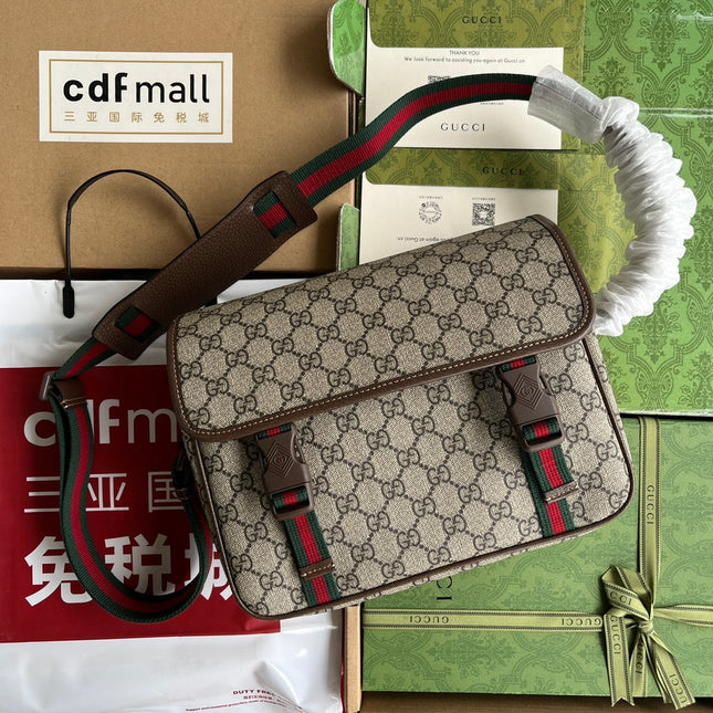 OPHIDIA MEDIUM MESSENGER BAG 27 IN BEIGE AND EBONY GG CALFSKIN GREEN RED WEB STRIPE CANVAS