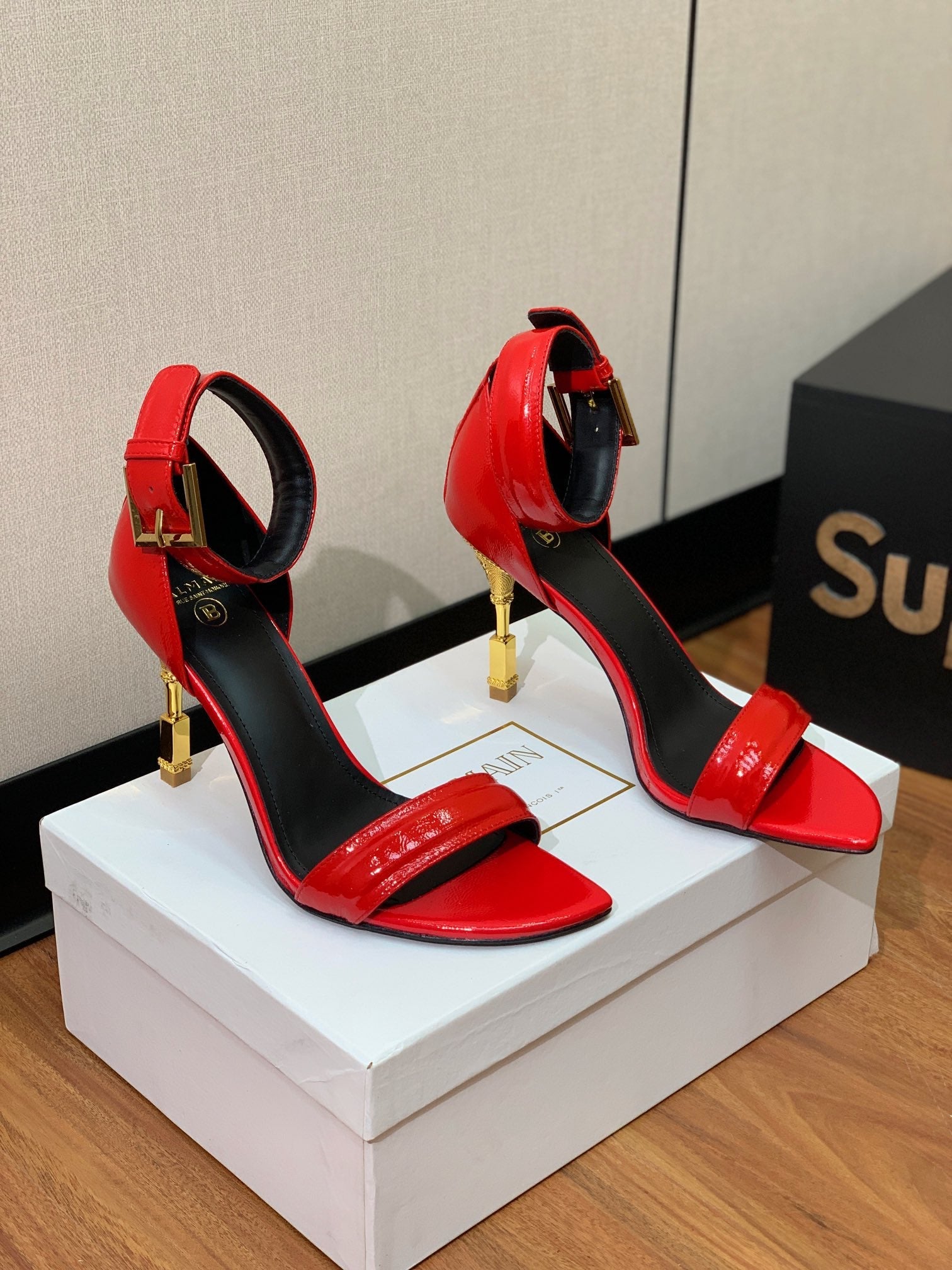 BALMAIN 26S METAL-HEEL SANDALS 105 MM IN RED CALFSKIN