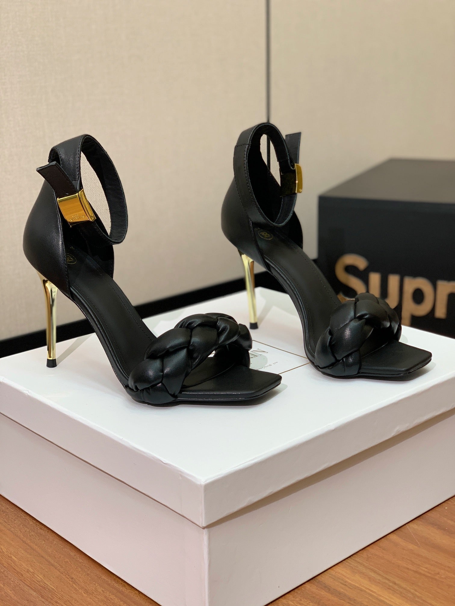 BALMAIN 26S BRAIDED-STRAP HIGH-HEEL SANDALS 95 MM IN BLACK CALFSKIN