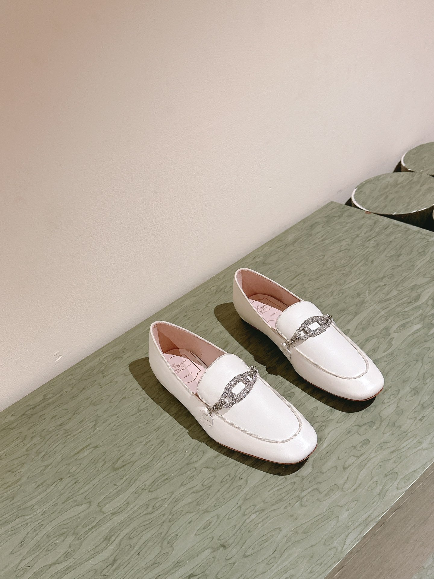 STRASS CHAIN LOAFERS IN WHITE CALFSKIN WITH CRYSTAL CHAIN DETAIL