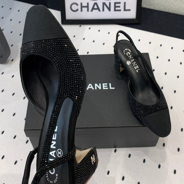 Double CC Rhinestone Slingback Sheepskin Black